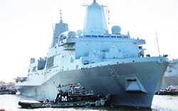 The USS New York, an amphibious transport ship, is deployed at Norfolk Naval Station