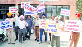 Teachers hold a protest march on the GND University campus in Amritsar on Thursday