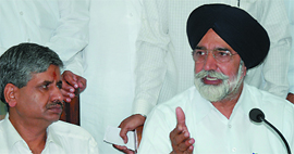 Education Minister Sikander Singh Maluka (right) addressing a press conference in Bathinda on Thursday. Also seen in the picture is local MLA Sarup Chand Singla.