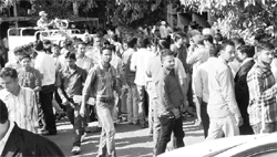 Clerks of High Court advocates protest against the manhandling of a clerk by a woman employee of the court in Chandigarh. 