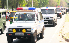 Police officials take out a flag march to maintain law and order situation in Mohali on Thursday.