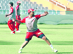 Kings XI Punjab player Paul Valthaty practises at the PCA Stadium in Mohali on Thursday. 