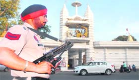 A policeman maintains vigil near Geeta Mandir at Model Town in Jalandhar on Thursday