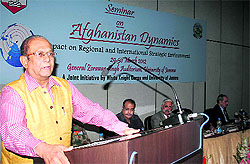 A speaker delivers a lecture on the second day of a seminar on Afghanistan Dynamics at the University of Jammu on Friday