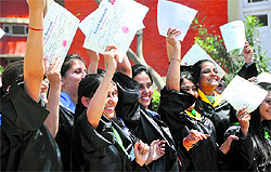 Girls in jubilant mood after receiving degrees in the convocation held at the Khalsa College for Women in Ludhiana