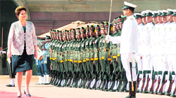 Brazil President Dilma Rousseff inspects a guard of honour at a ceremonial reception in New Delhi on Friday.