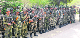 Securitymen patrol the streets of Gurdaspur on Friday