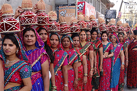 Women take part in a procession carried out on the eve of Ram Navami in Bathinda on Saturday.