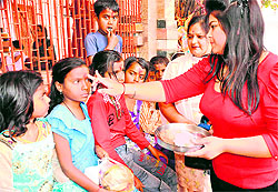 Girls being worshipped at the Maya Devi temple on the occasion of Ashtami in Haridwar on Saturday