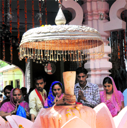 Devotees offer ashtami pujan during the ongoing Navratri festival at Devikup Bhadrakali Temple in Kurukshetra on Saturday.