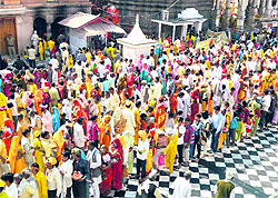 Pilgrims throng the Brajeshwari Devi temple at Kangra on the occasion of Maha Ashtami of the Chaitra Navratra festival
