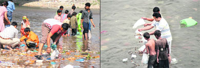 Employees of the Jammu Municipal Corporation pick polythene bags; and (right) devotees immerse saankh (barley sprouts)  in the Tawi on Saturday. 
