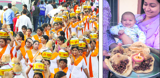 A procession being taking out on the eve of Ram Navami; and right a girl child being worshipped on the occasion of Ashtami in Jalandhar on Saturday.