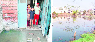 (Right) Water from an overflowing Ganda Nullah enters the house of an employee of GMC; and (above) collects alongside the college premises in Amritsar