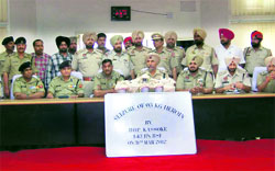 DIG BSF Rajesh Gupta and SSP Ferozepur HS Mann giving details about the operation during the joint press conference at sector headquarters in Ferozepur on Sunday