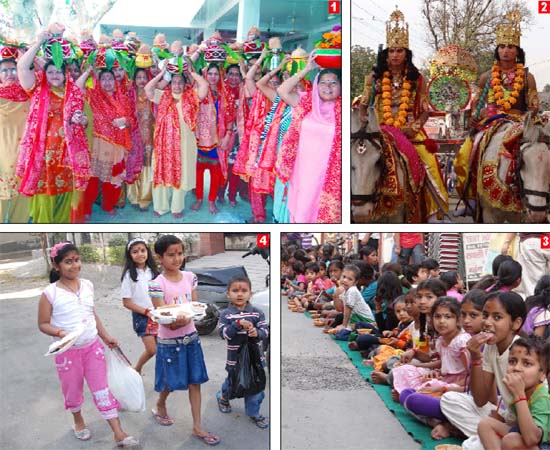 1. Women take part in Kalash pujan, the first and foremost part of Navratra, on the occasion of Ram Navami in Bathinda on Sunday. 2. A tableau put up for display in the city during Navratras.3. A langar being served to the kids. 4.Girls carrying offering and prasada they collected during the Kanjak poojan in Bathinda