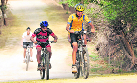 Cyclists take part in the mountain biking event during the Chandigarh State Cycling (Road and MTB) Championships near the Sukhna Lake on Sunday.