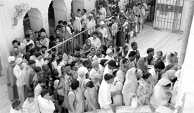 A view of long queues at the shrine on Sunday.