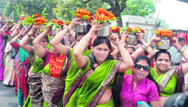 Women take out a kalash yatra on Ram Navami in Dehradun on Sunday.