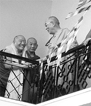 Buddhist devotees of the Zigar monastery give a traditional welcome to the Dalai Lama during his visit to Rewalsar in Mandi district on Sunday. 