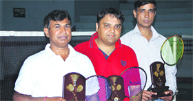 The three badmintion players in a jubilant mood after being selected in the Indian team for the All-England Veterans Championship in Jalandhar on Sunday.