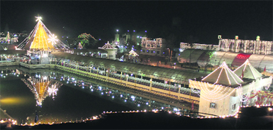 The illuminated Devi Talab Temple on Ram Navami in Jalandhar on Sunday.