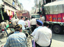 Vehicles stuck in a traffic jam at the Old Grain Market Chowk in Jagraon.