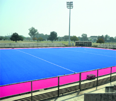 The recently placed pink and blue astroturf in the Olympian Pirthipal Hockey Stadium at Punjab Agricultural University in Ludhiana.
