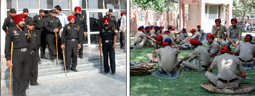 Commandos deployed outside the District Courts Complex to keep a strict vigil as the the hearing of the case of Dera Sacha Sauda chief Gurmeet Ram Rahim Singh went on in Bathinda on Monday. The picture on the right shows Punjab Police personnel taking a few minutes off their duty while they relax in the shade of the trees in the Mini-secretariat a few days back.