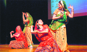 Students perform a traditional dance during the farewell party organised by the Gian Jyoti Institute of Management and Technology at the Tagore Theatre in Chandigarh on Monday
