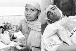 Bawa Singh with Nailer Kaur; and (right) their son Harvinder Singh at the Civil Hospital in Kharar on Monday. 