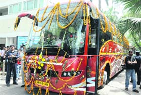A super-luxury Volvo bus launched by Chief Minister Bhupinder Singh Hooda at Haryana Bhawan, New Delhi, on Monday