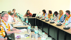 Vice-Chancellor Dr Pankaj Mittal briefs the US delegation about BPS Mahila Vishwavidyalaya, Khanpur Kalan, at a meeting on the university premises.