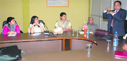 Nitin Deshpandey, a trainer from Wipro, delivers a lecture on the premises of the Geeta Institute of Management and Technology in Kurukshetra.