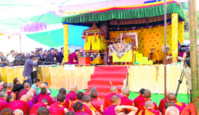 Buddhist devotees listen to the Dalai Lama in a pandal raised on the bank of the Rewalsar Lake in Mandi district.