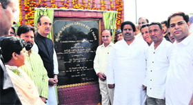 Union Health Minister Ghulam Nabi Azad (left) along with other senior Congress leaders inaugurates the Indira Gandhi Green Belt in the Channi Himmat area of Jammu on Monday.