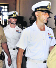 Italian marines Salvatore Girone (left) and Massimiliano Latorre at a court in Kollam, Kerala, on Monday. 