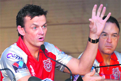 Kings XI Punjabs captain-cum-coach Adam Gilchrist (L), and fielding coach Mike Young during a press conference at the PCA Stadium in Mohali on Monday.