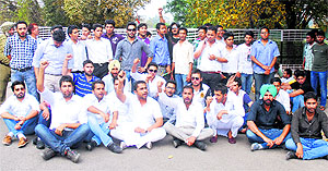 Members of SOPU protest for their demands in front of the Vice-Chancellors office at Panjab University on Tuesday
