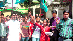 Members of the National Students Union of India stage a demonstration at the District Magistrates office in Dehradun on Tuesday.