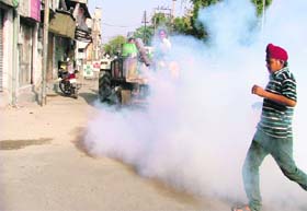 MC officials carry out fogging near Upkar Nagar in Ludhiana on Tuesday