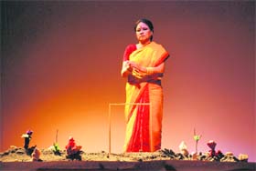 Bollywood actor Seema Biswas presents a play on women during the Media International Film Festival-2012, organised by the Institute of Mass Communication and Media Technology, Kurukshetra University, Kurukshetra, on Tuesday night