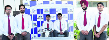 Students of the CT Group of Institutions with solar vehicle Surya Rath made by them in Jalandhar on Wednesday. 