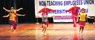 Artistes perform a dance during the annual day function of the Non-Teaching Employees Union at General Zorawar Singh Auditorium in the University of Jammu on Wednesday. 