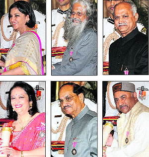 Bollywood actor Shabana Azami, ISRO scientist Yagnaswami Sundara Ranjan, former hockey player Zafar Iqbal, renowned painter from Himachal Pradesh Vijay Sharma, former cricket commentator Ravi Chaturvedi and leading industrialist Swati A Piramal get Padma Awards at the Rashtrapati Bhawan in New Delhi on Wednesday