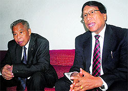 Thuingaleng Muivah, general secretary of the NSCN-IM, and NSCN chairman Isak Chishi Swu at Dimapur airport in Nagaland on Tuesday