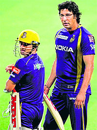 Kolkata Knight Riders captain Gautam Gambhir with bowling coach Wasim Akram in Kolkata