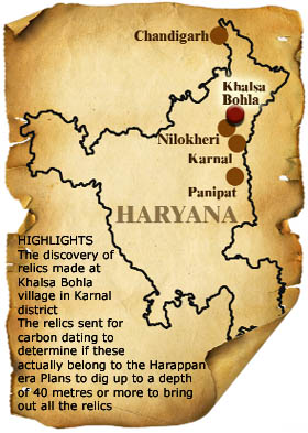 A map shows the location of Khalsa Bohla village in Karnal district where relics have been excavated.