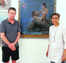 Bhajan Hunjan (right) and Ian Barrand, artists from the UK, at the Andretta-based art gallery in Kangra district. 