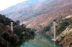 A view of the incomplete Ganpat bridge being constructed at Doda